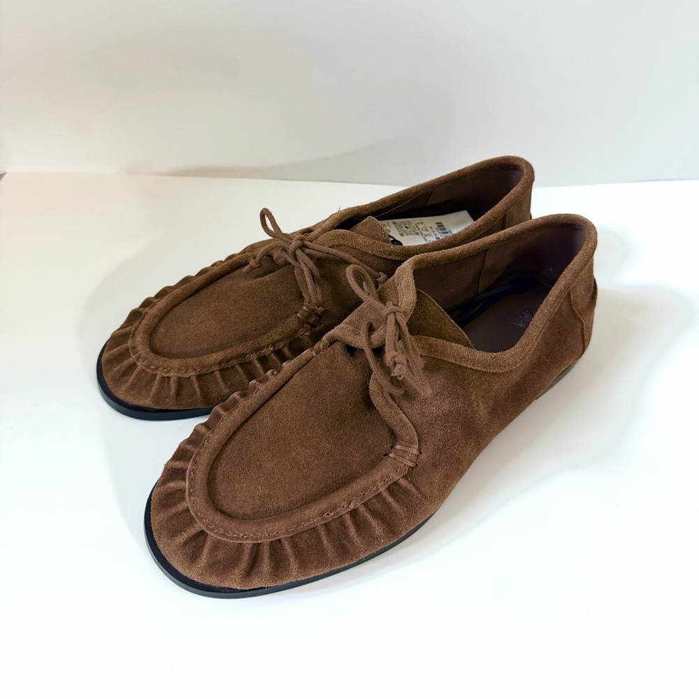 NWT ZARA WOMAN SS25 BROWN SOFT SUEDE LACED LOAFERS MOCASSINS SIZE 8 (fit 8.5-9)